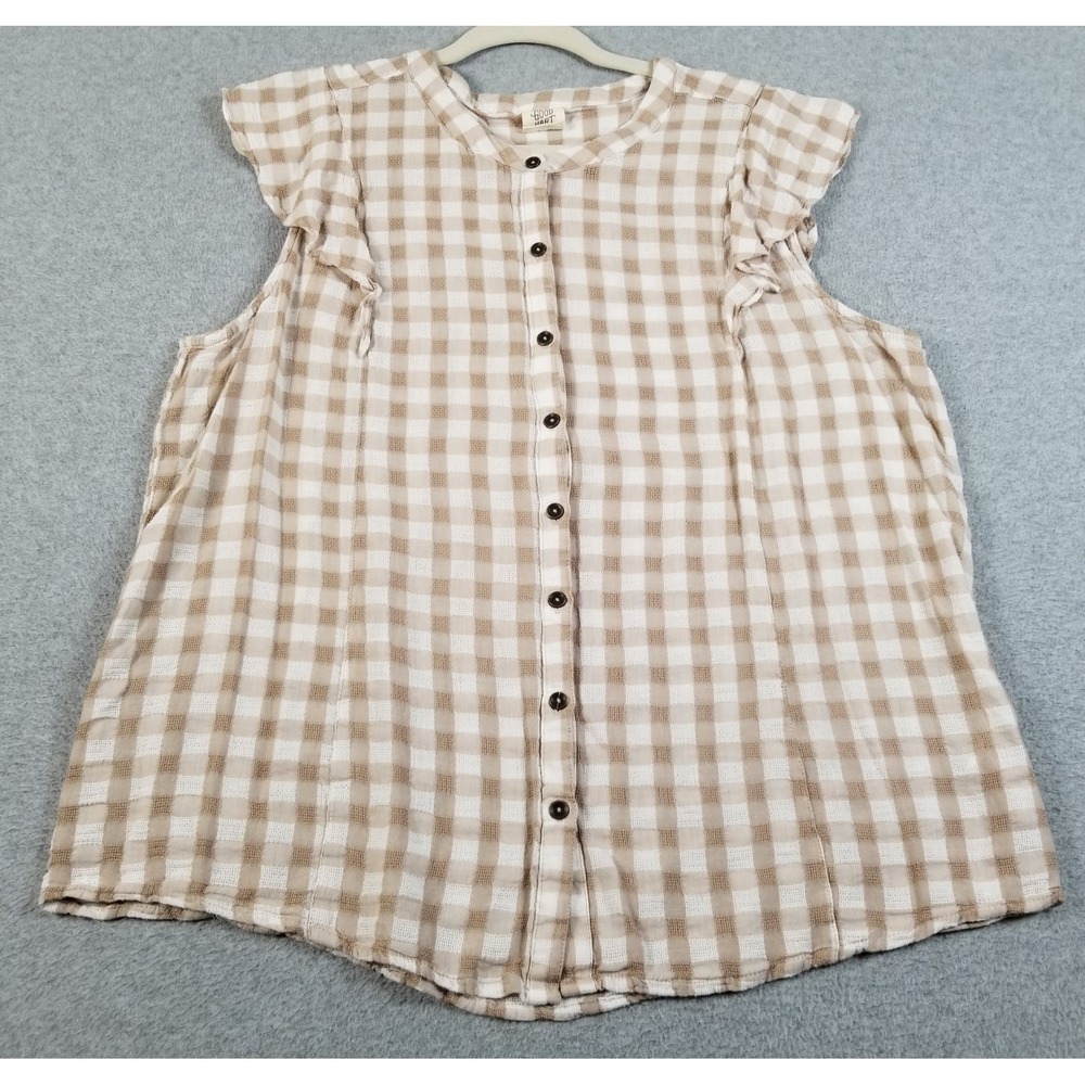 Good Hart Matilda Jane Top Women 2XL XXL Tan White Check Sheer Ruffle Button Up
